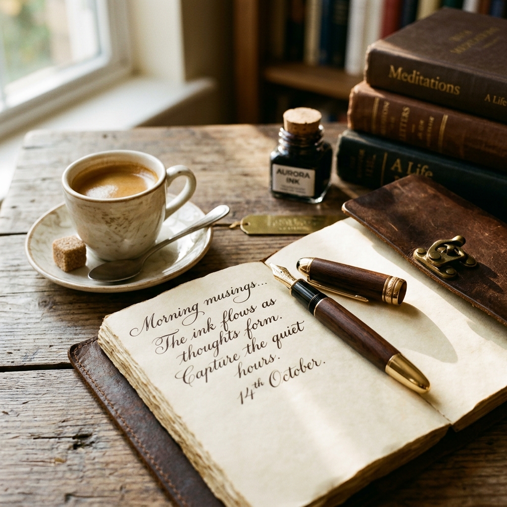 Fountain pen on a leather journal with espresso