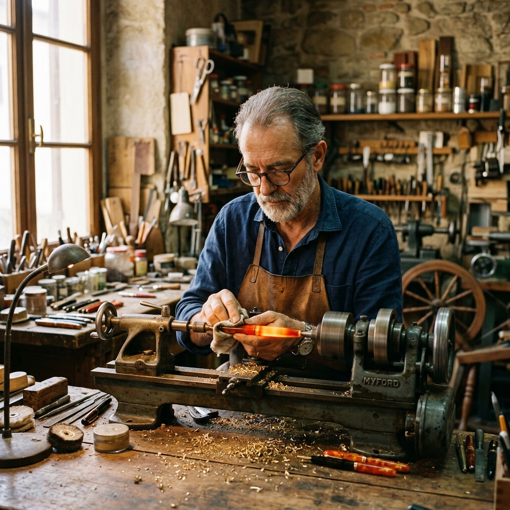 Artisan polishing a celluloid fountain pen in Florence