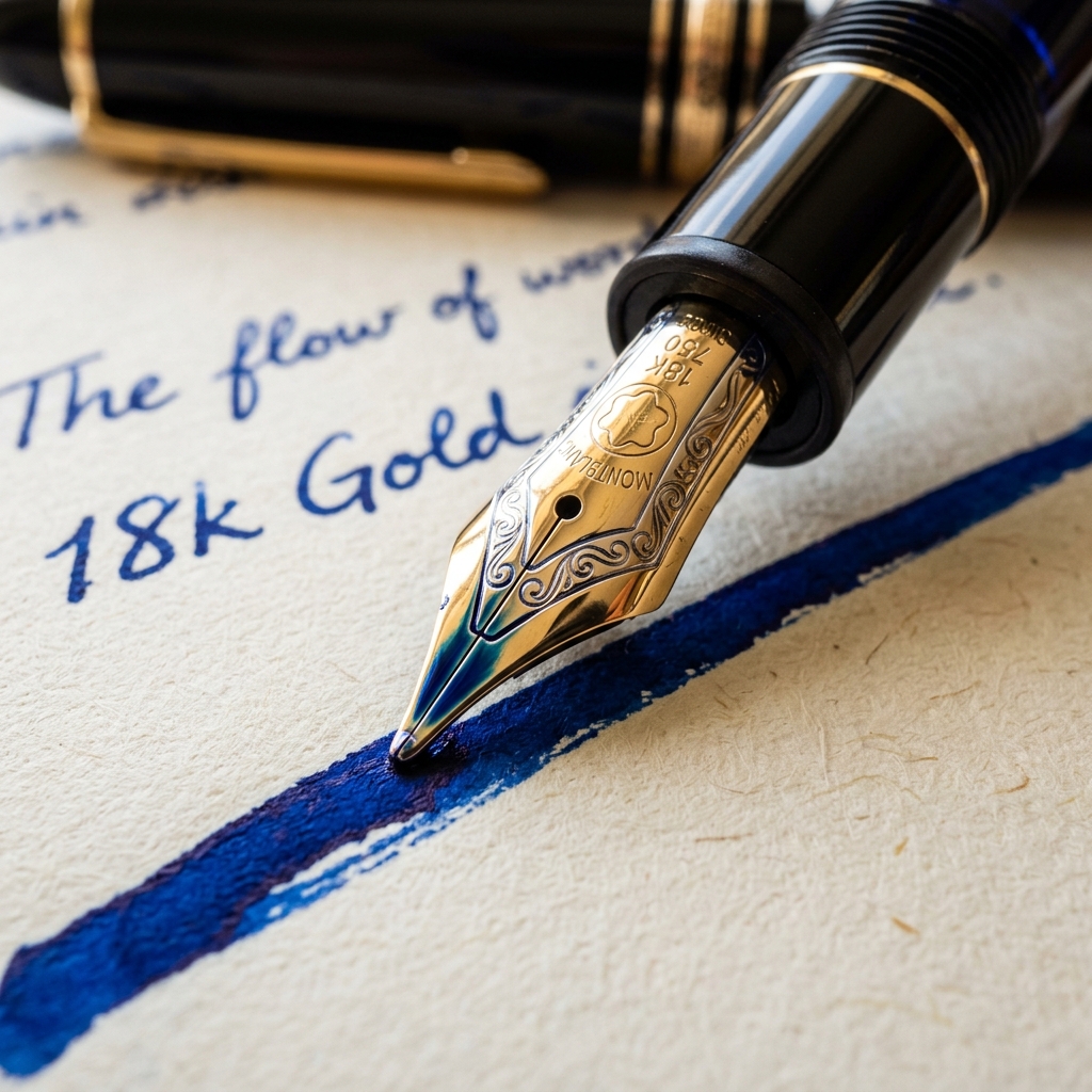 Macro close up of 18k gold fountain pen nib